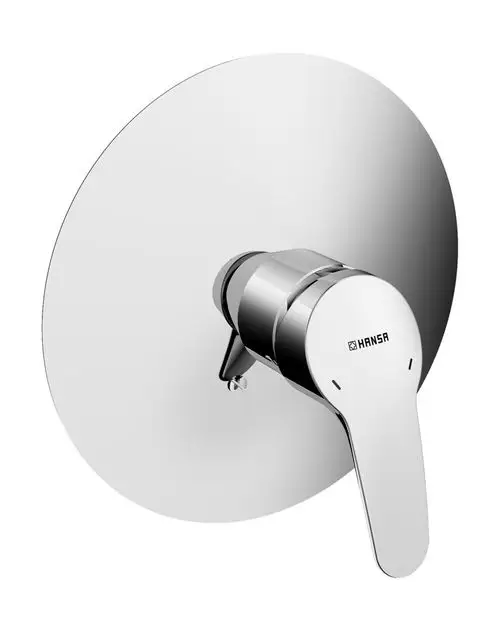 Eingebauter Einhebelmischer für Brausebatterie in Chrom, rund mit einer glatten Rosette und der Marke HANSA auf der Vorderseite.